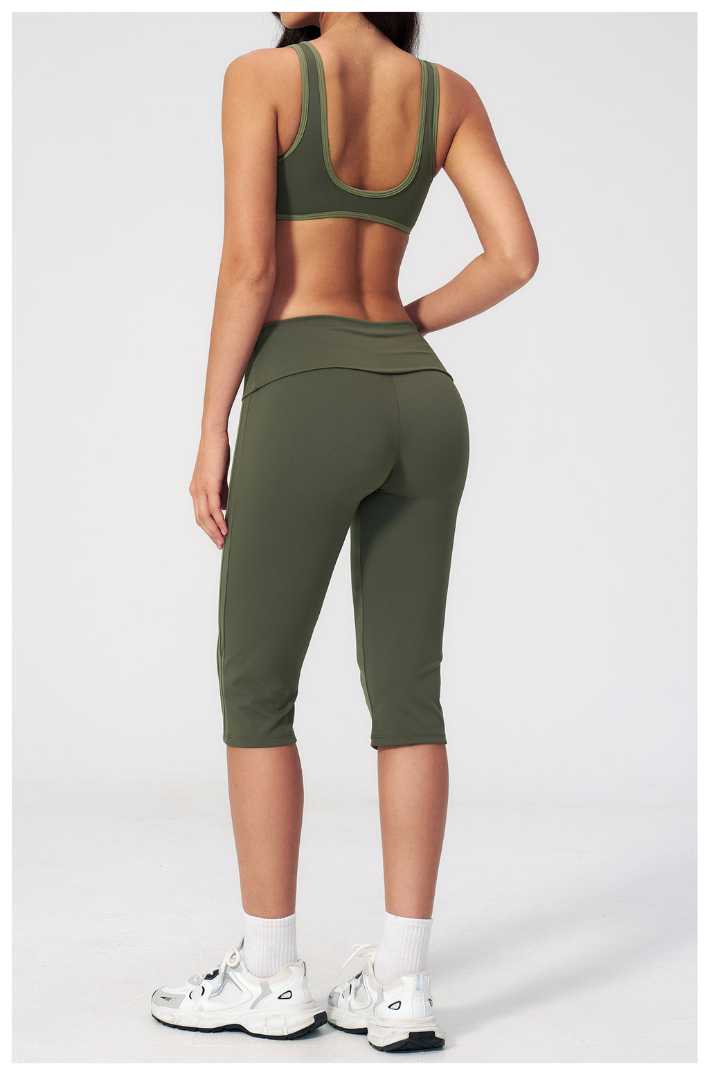 2 PCS Workout Set Women Contrast Color V Neck U Back Sports Bra and Fold Over Waist Capri Yoga Leggings