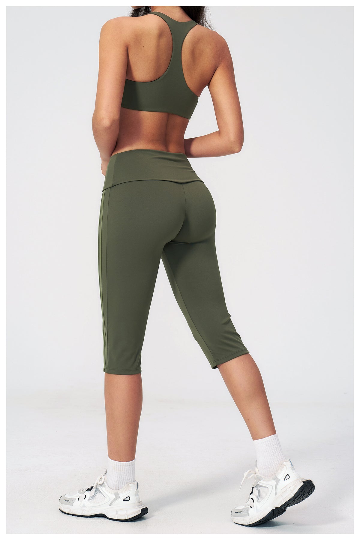 2 PCS Workout Set Women Racerback High Support Sports Bra and Fold Over Waist Capri Yoga Leggings