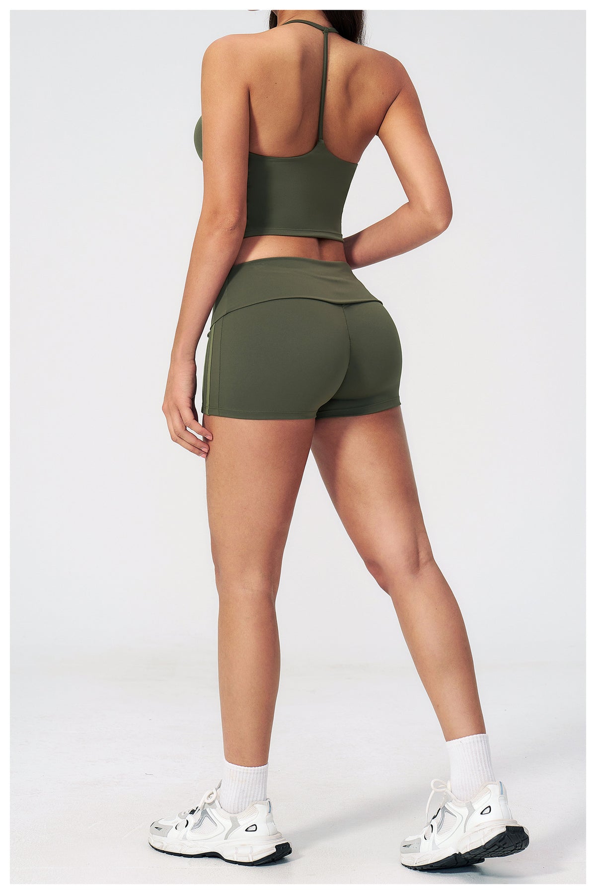 2 PCS Gym Set Women V Neck T-Back Halter Crop Yoga Vest and Fold Over Waist Running Shorts