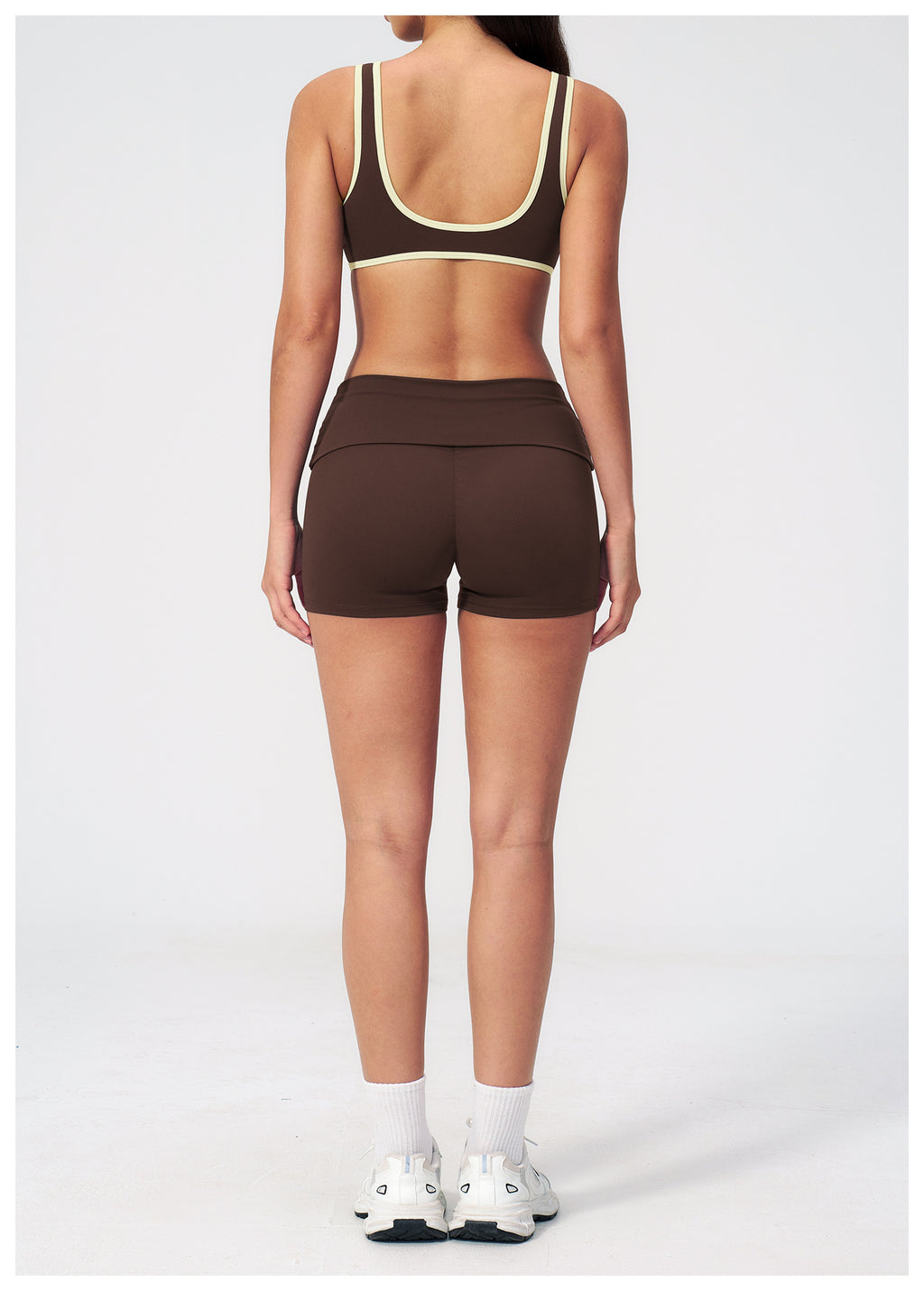 2 PCS Yoga Set Women Contrast Color V Neck Backless Sports Bra and Fold Over Waist Biker Shorts