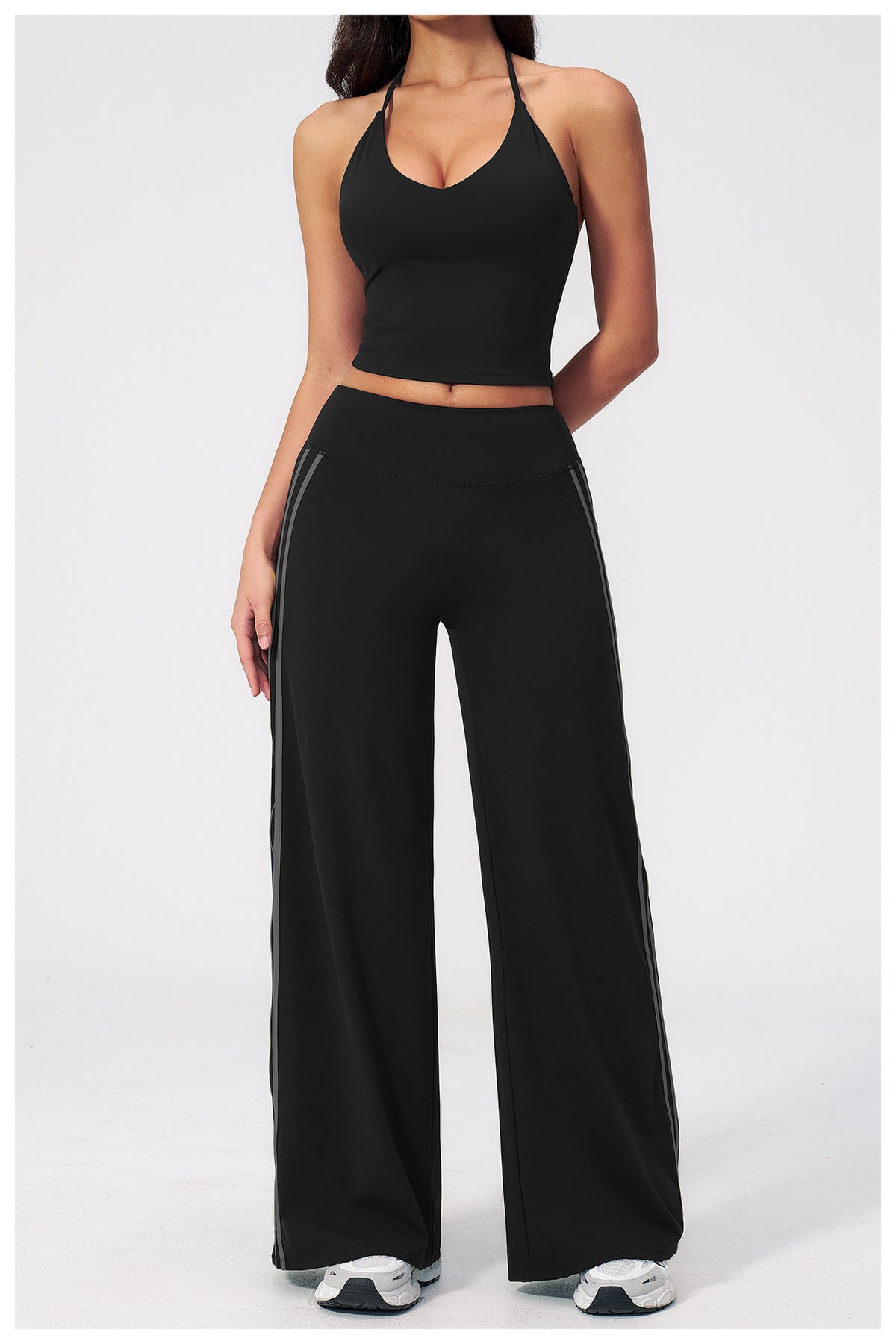 2 PCS Workout Set Women V Neck T-Back Halter Crop Tank Top and Contrast Side Stripe Fitness Sports Wide Leg Pants