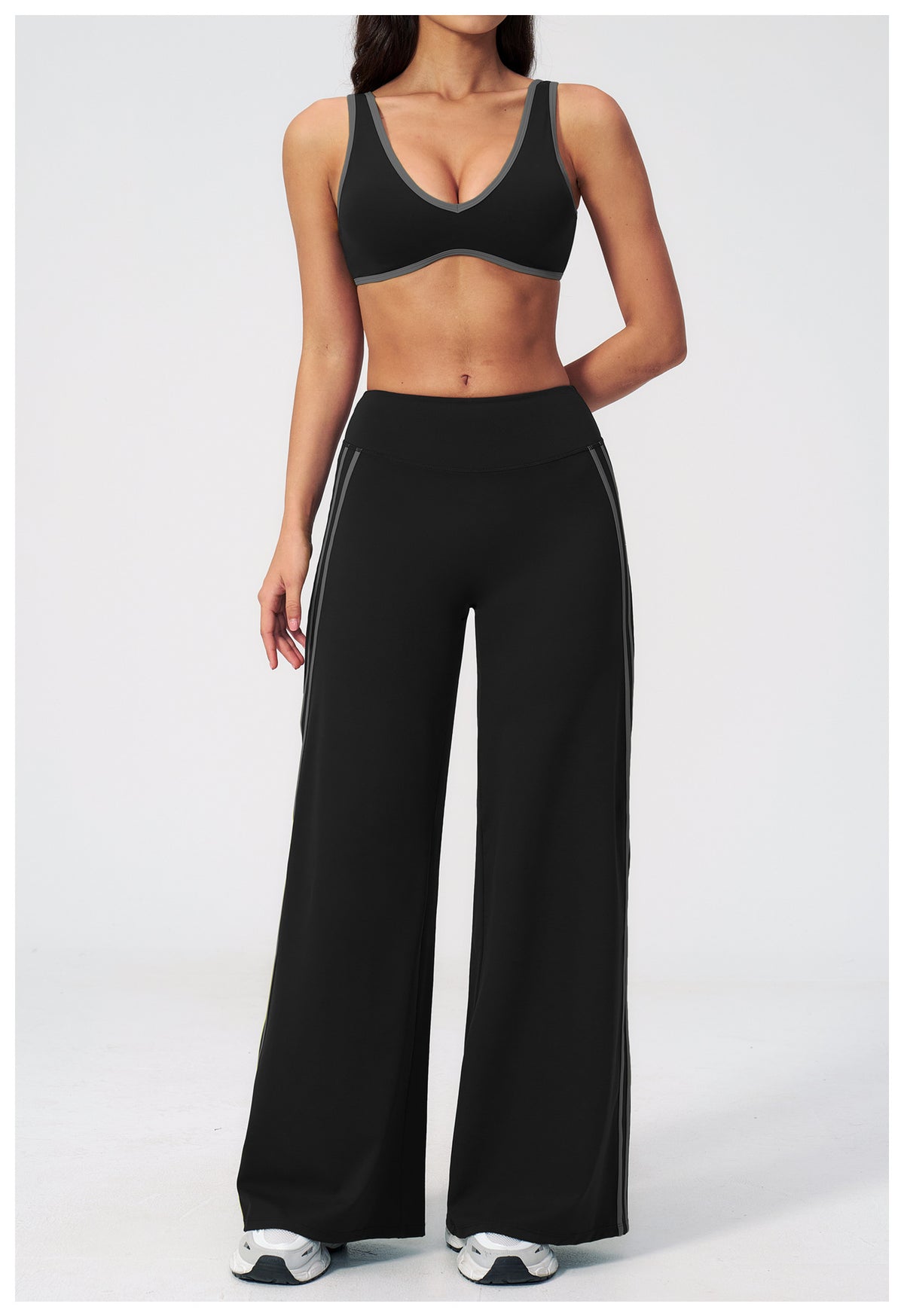 2 PCS Gym Set Women Contrast Color V Neck Backless Sports Bra and Contrast Side Stripe Fitness Sports Wide Leg Pants