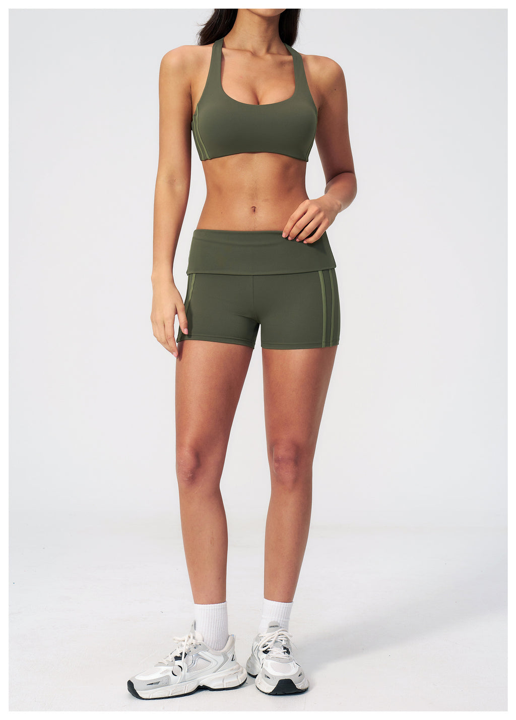 2 PCS Workout Set Women Racerback High Support Sports Bra and Fold Over Waist Running Shorts