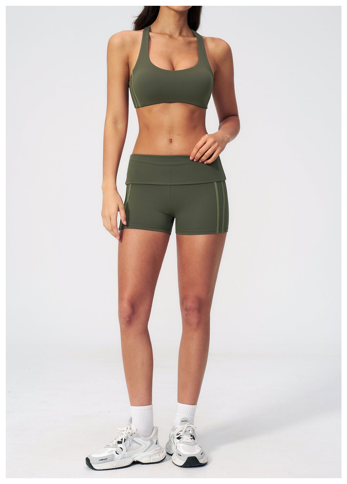 2 PCS Workout Set Women Racerback High Support Sports Bra and Fold Over Waist Running Shorts