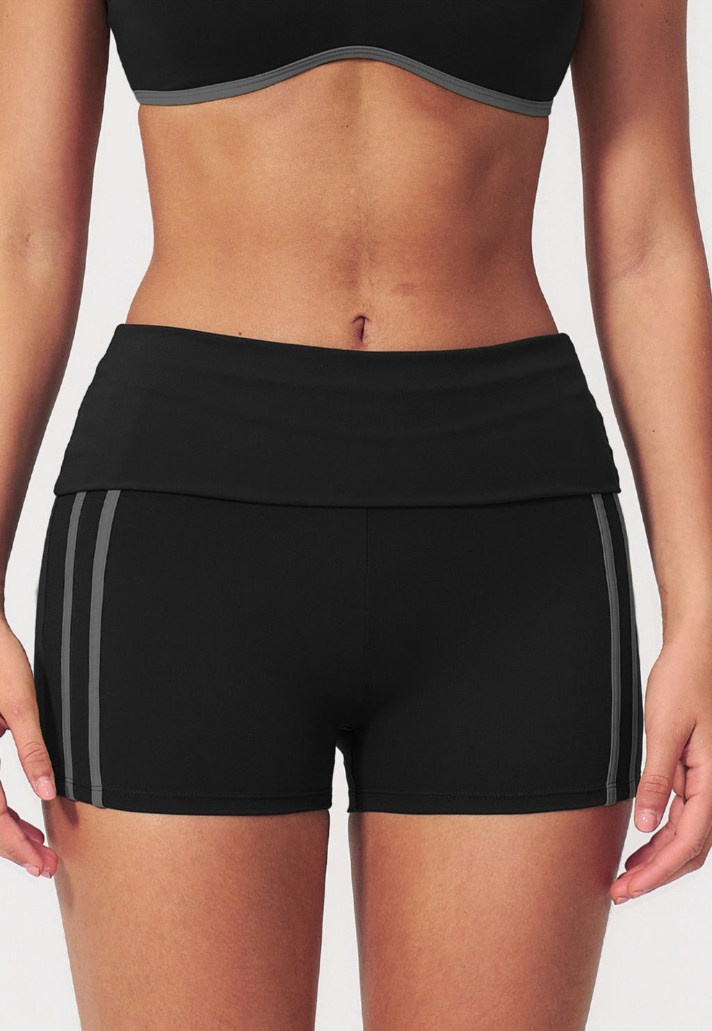 Women Fold Over Waist Contrast Side Stripe Yoga Shorts