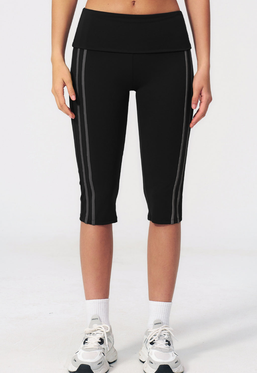 Women Fold Over Waist Contrast Side Stripe Capri Yoga Leggings