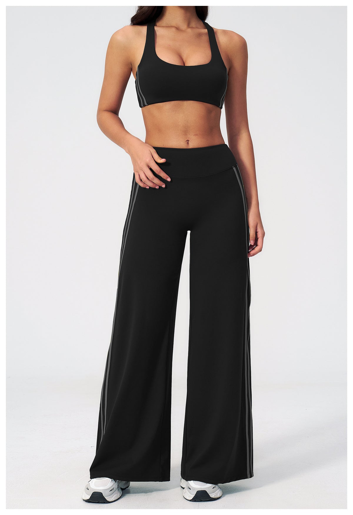 2 PCS Yoga Set Women Racerback High Support Sports Bra and Contrast Side Stripe Fitness Gym Wide Leg Pants