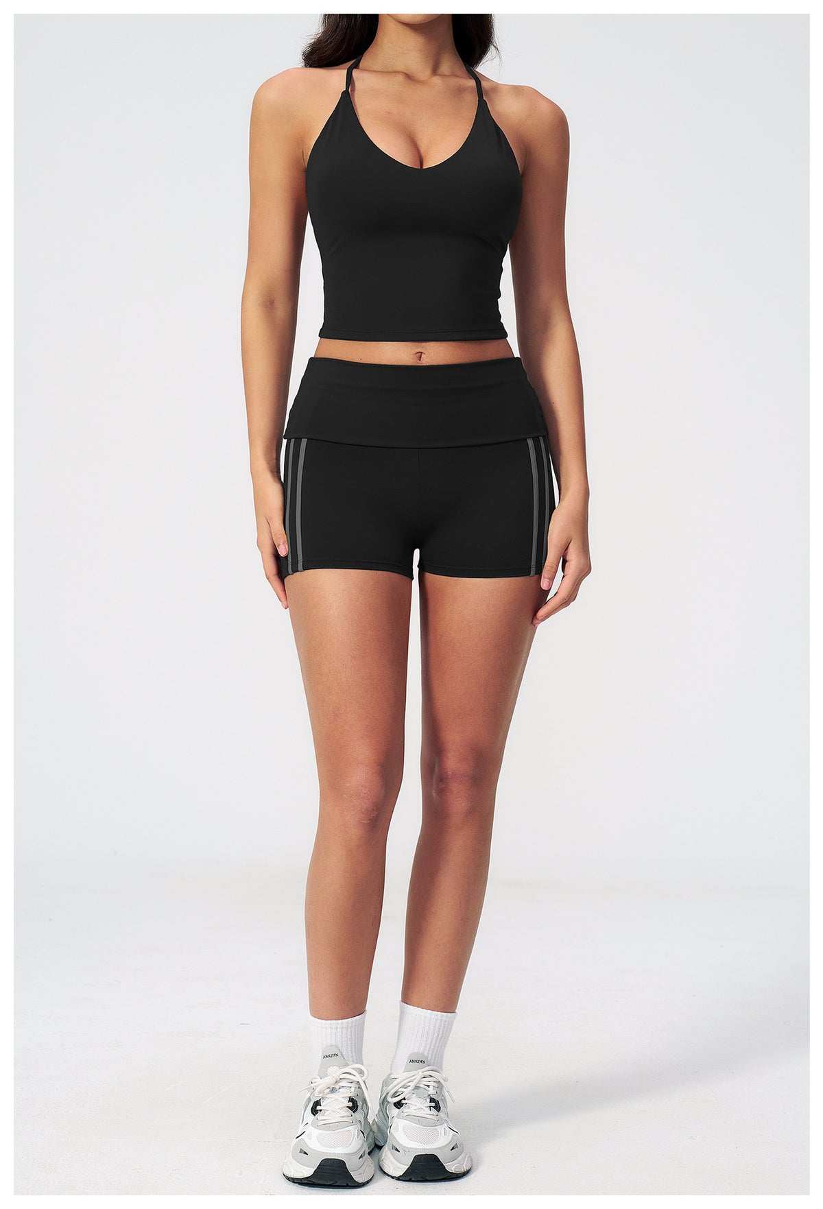 2 PCS Gym Set Women V Neck T-Back Halter Crop Yoga Vest and Fold Over Waist Running Shorts