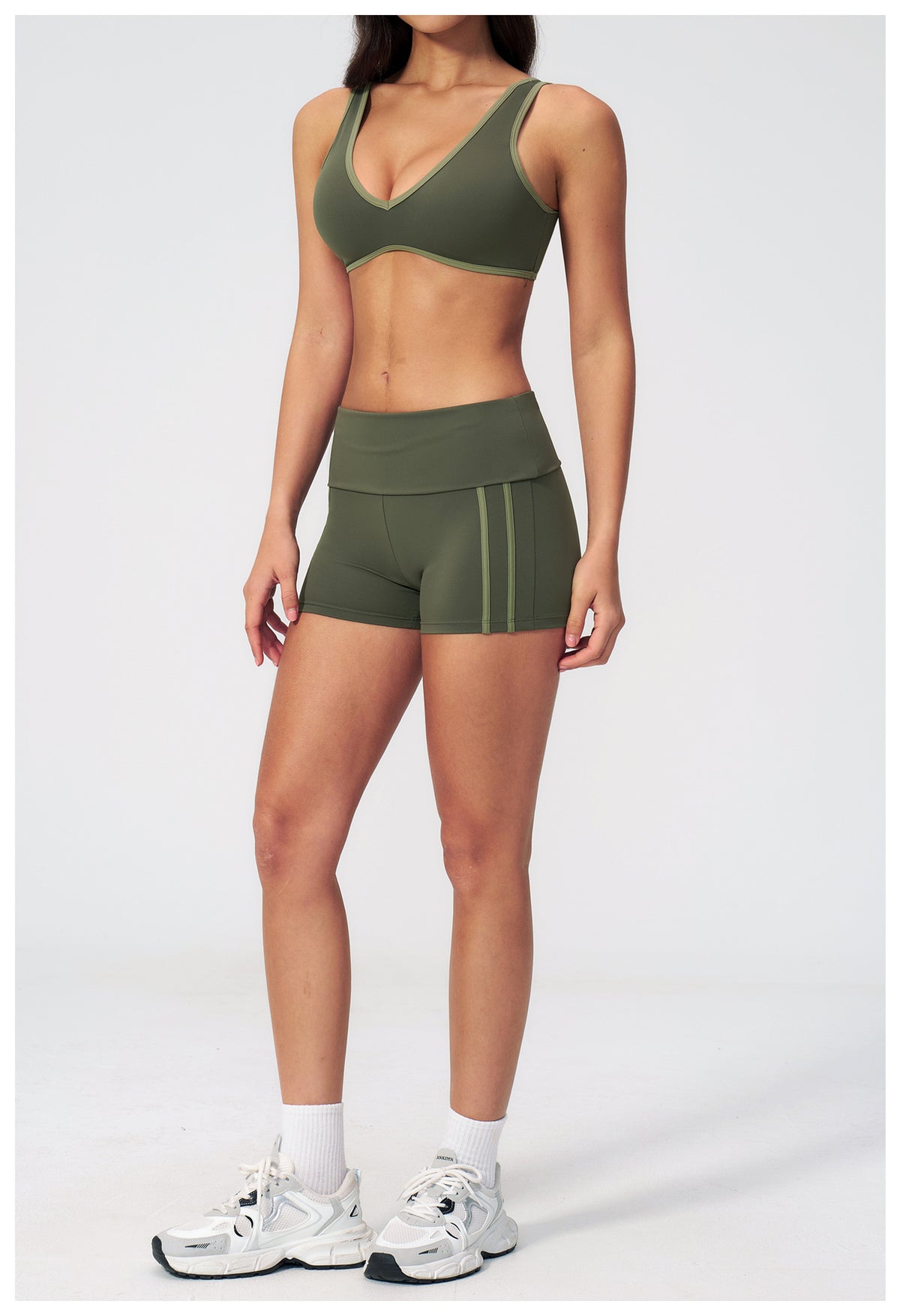 2 PCS Yoga Set Women Contrast Color V Neck Backless Sports Bra and Fold Over Waist Biker Shorts