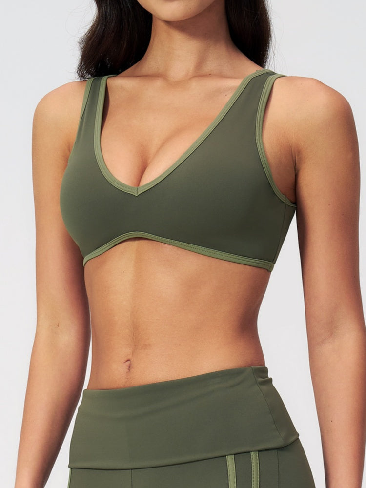 Women Contrast Color V Neck U Back Sports Bra