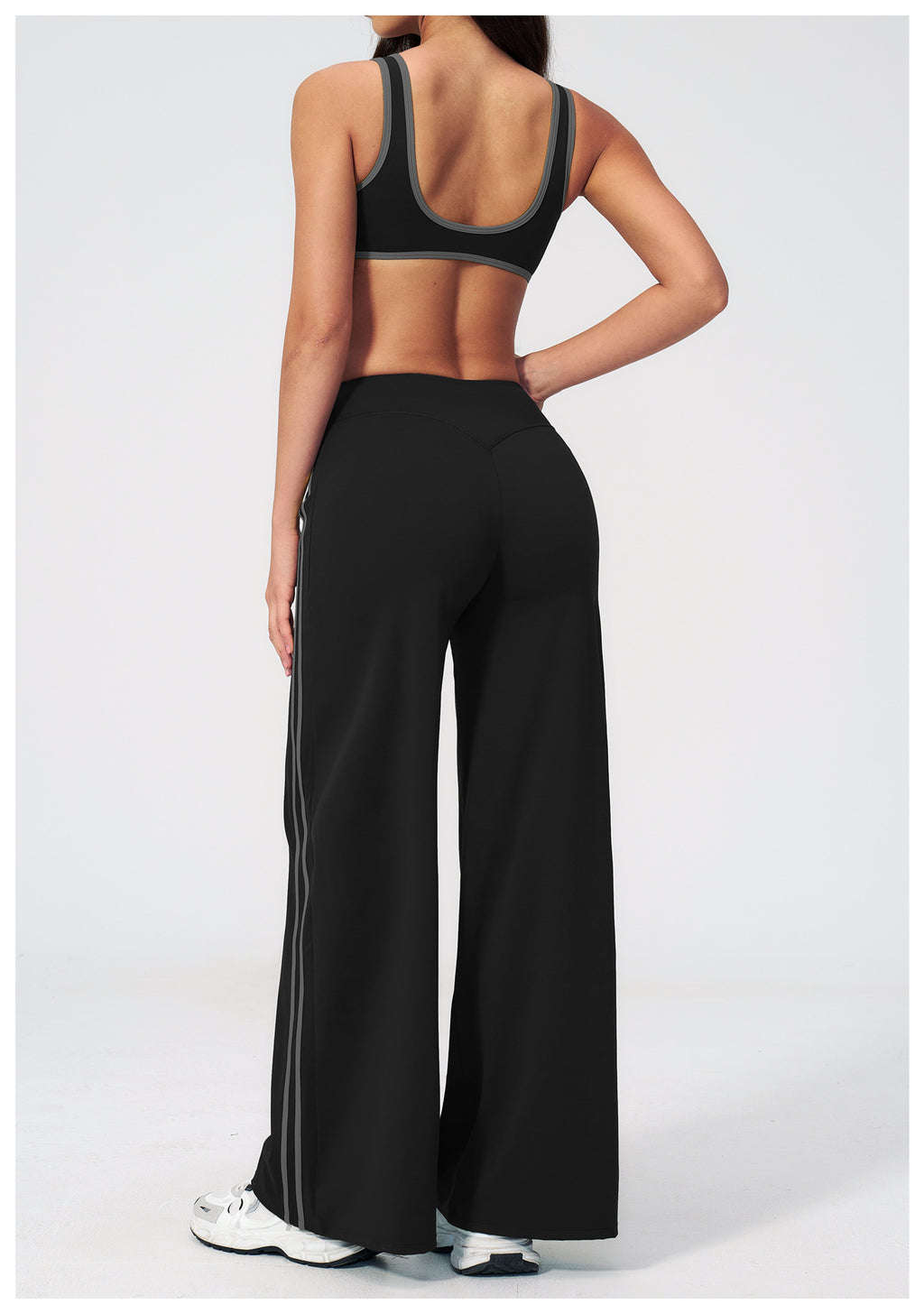 2 PCS Gym Set Women Contrast Color V Neck Backless Sports Bra and Contrast Side Stripe Fitness Sports Wide Leg Pants