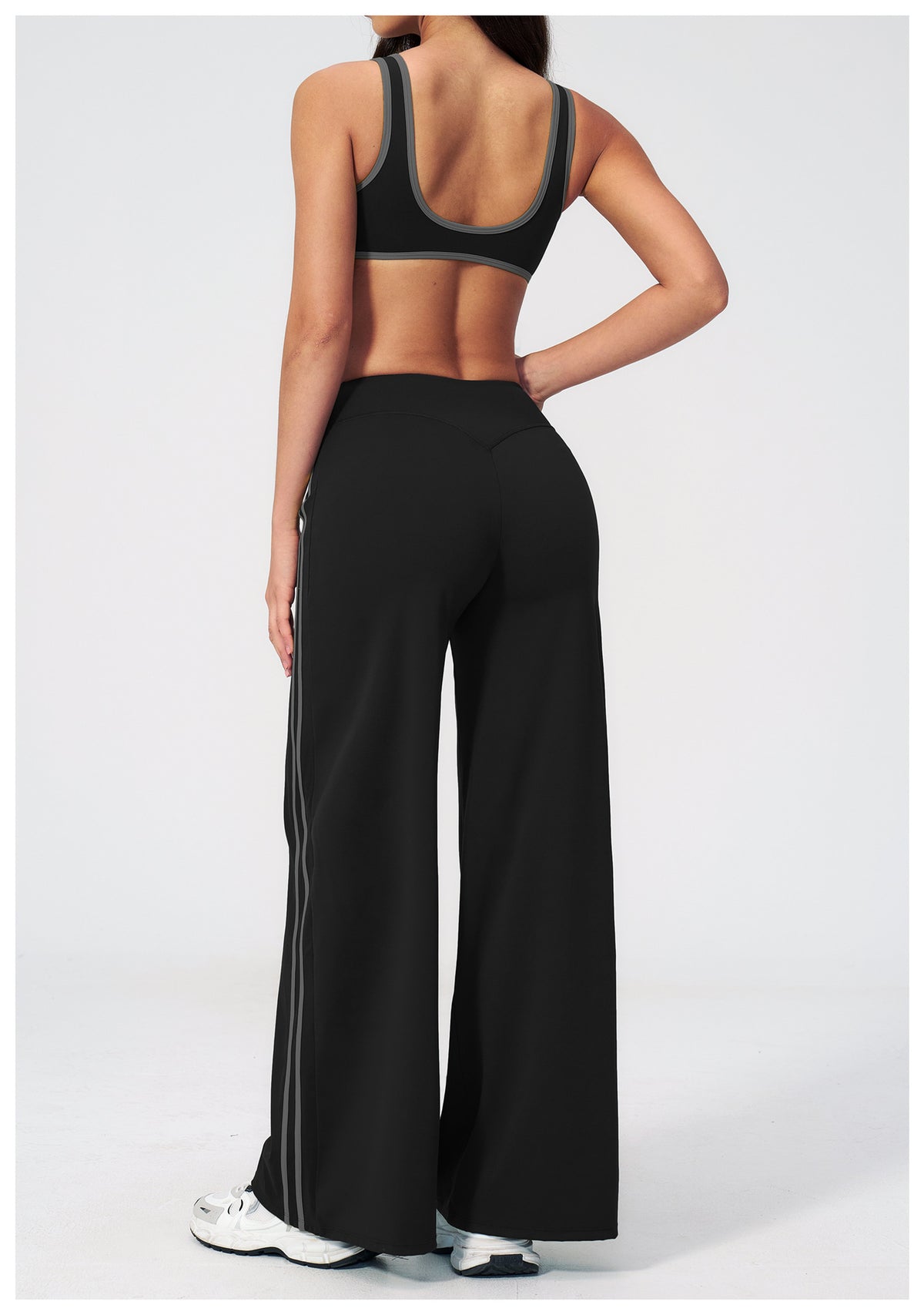 2 PCS Gym Set Women Contrast Color V Neck Backless Sports Bra and Contrast Side Stripe Fitness Sports Wide Leg Pants