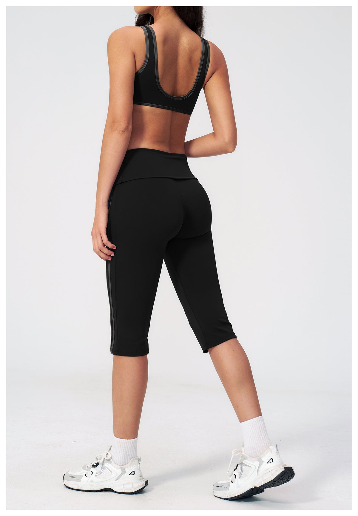 2 PCS Workout Set Women Contrast Color V Neck U Back Sports Bra and Fold Over Waist Capri Yoga Leggings