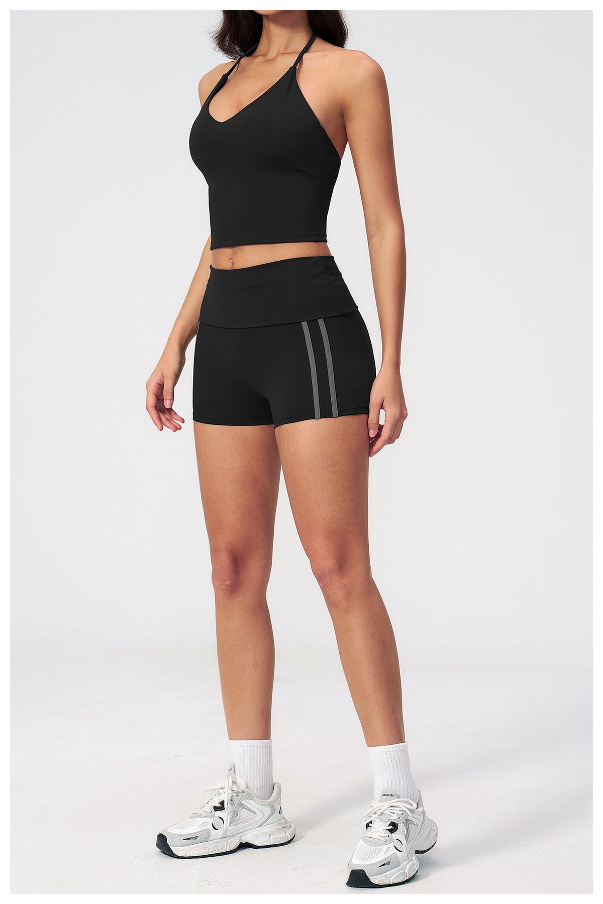 2 PCS Gym Set Women V Neck T-Back Halter Crop Yoga Vest and Fold Over Waist Running Shorts