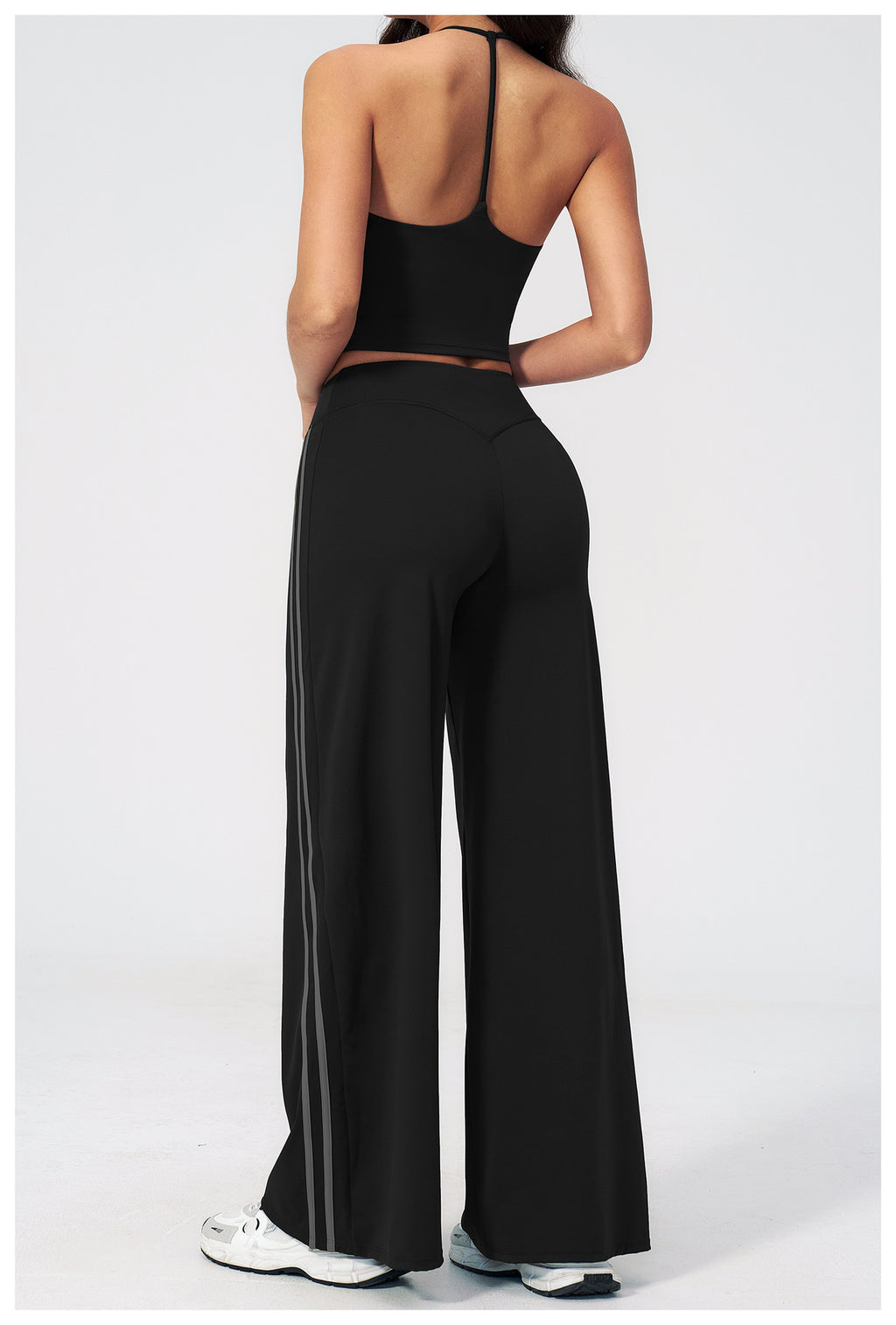 2 PCS Workout Set Women V Neck T-Back Halter Crop Tank Top and Contrast Side Stripe Fitness Sports Wide Leg Pants