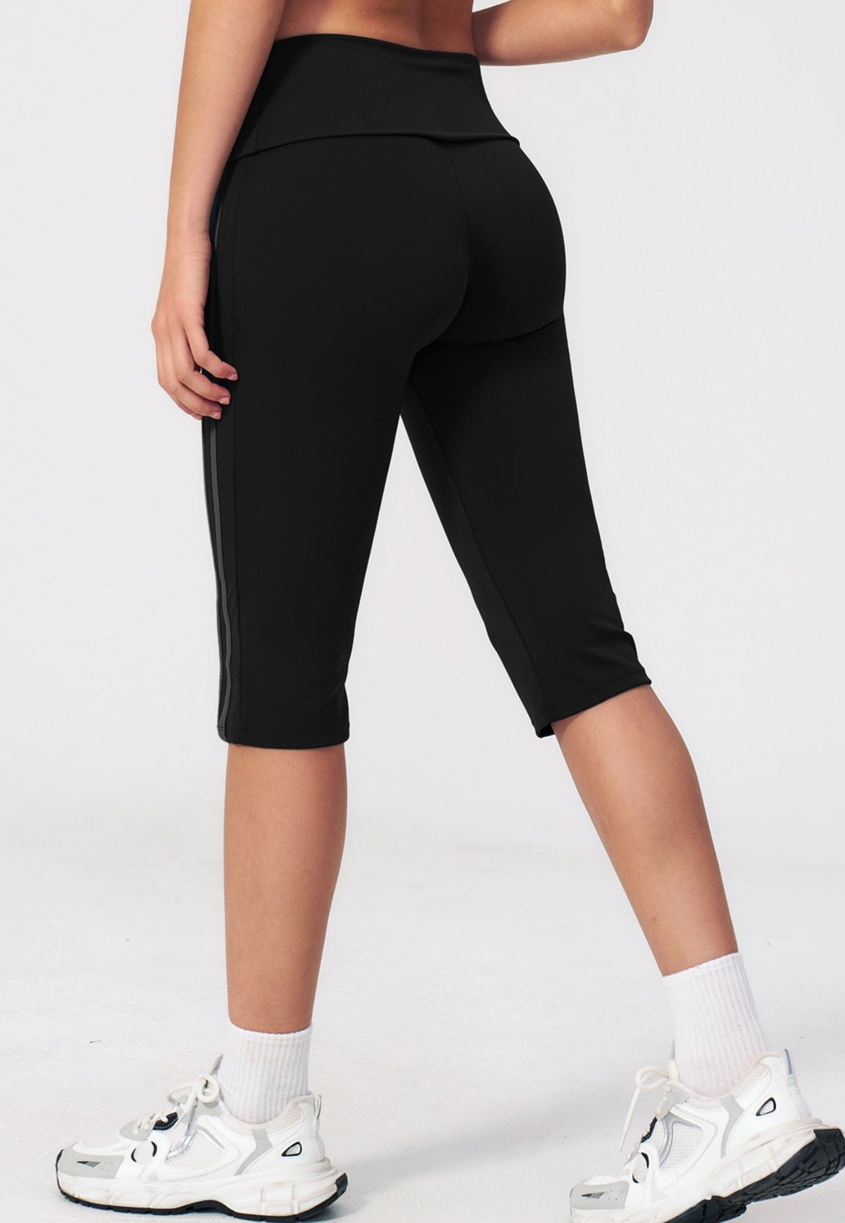 Women Fold Over Waist Contrast Side Stripe Capri Yoga Leggings
