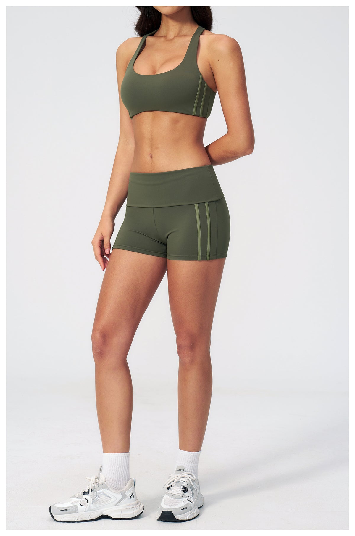 2 PCS Workout Set Women Racerback High Support Sports Bra and Fold Over Waist Running Shorts