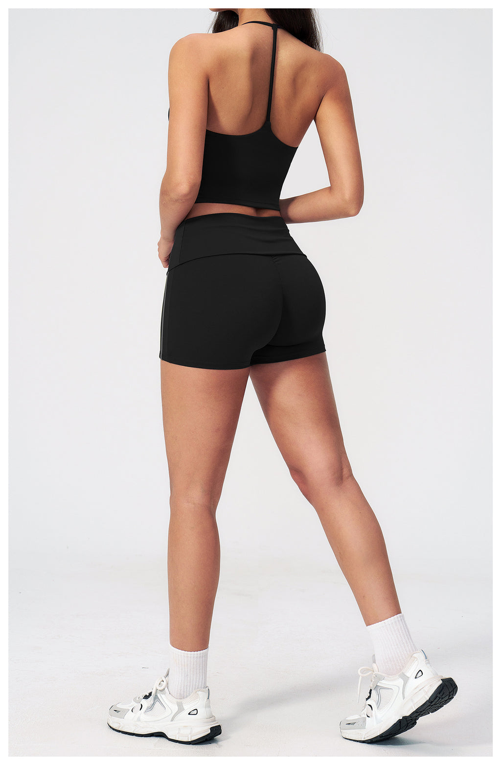 2 PCS Gym Set Women V Neck T-Back Halter Crop Yoga Vest and Fold Over Waist Running Shorts