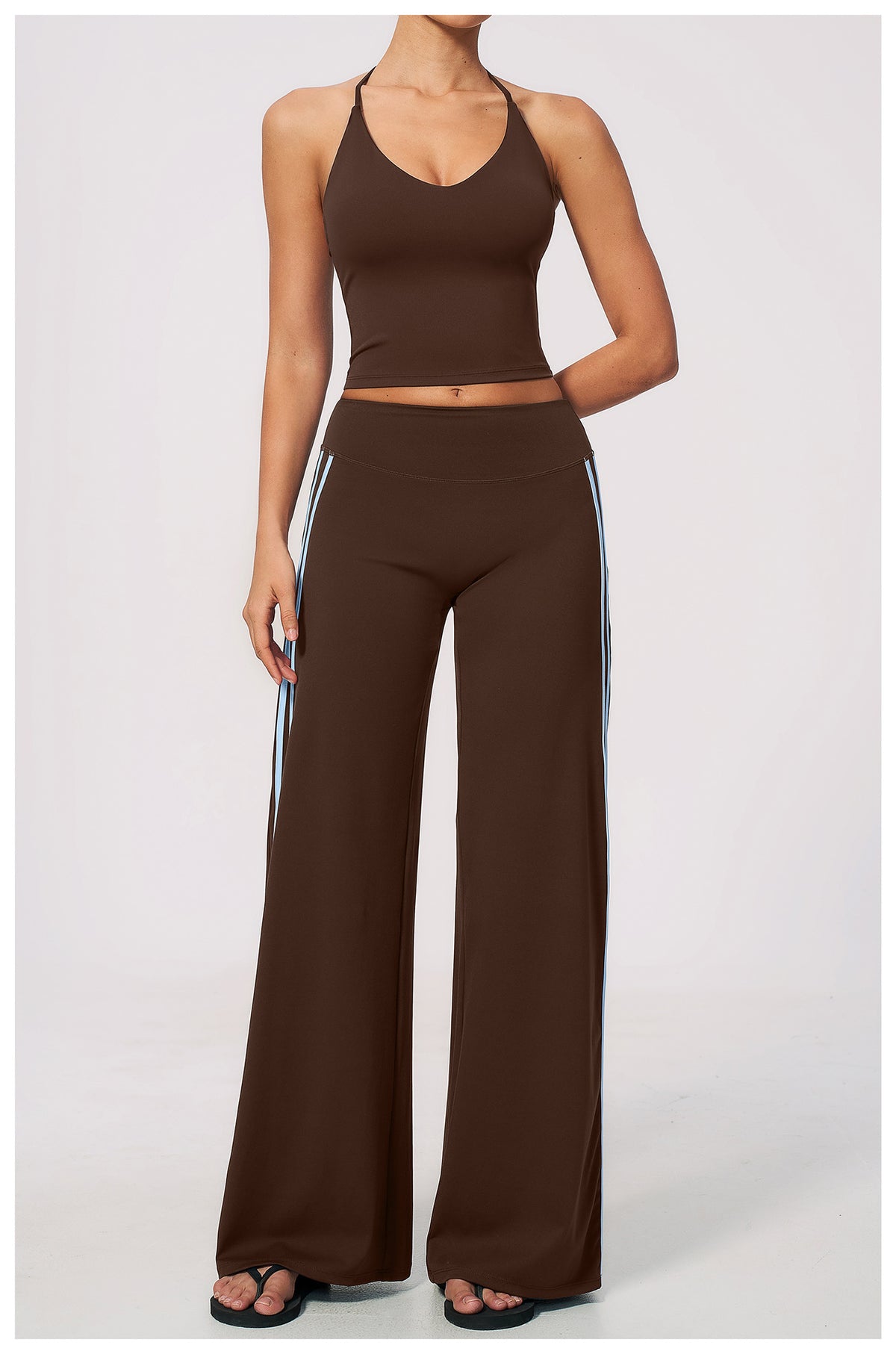 2 PCS Workout Set Women V Neck T-Back Halter Crop Tank Top and Contrast Side Stripe Fitness Sports Wide Leg Pants