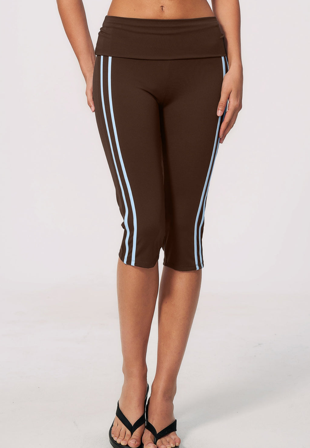 Women Fold Over Waist Contrast Side Stripe Capri Yoga Leggings