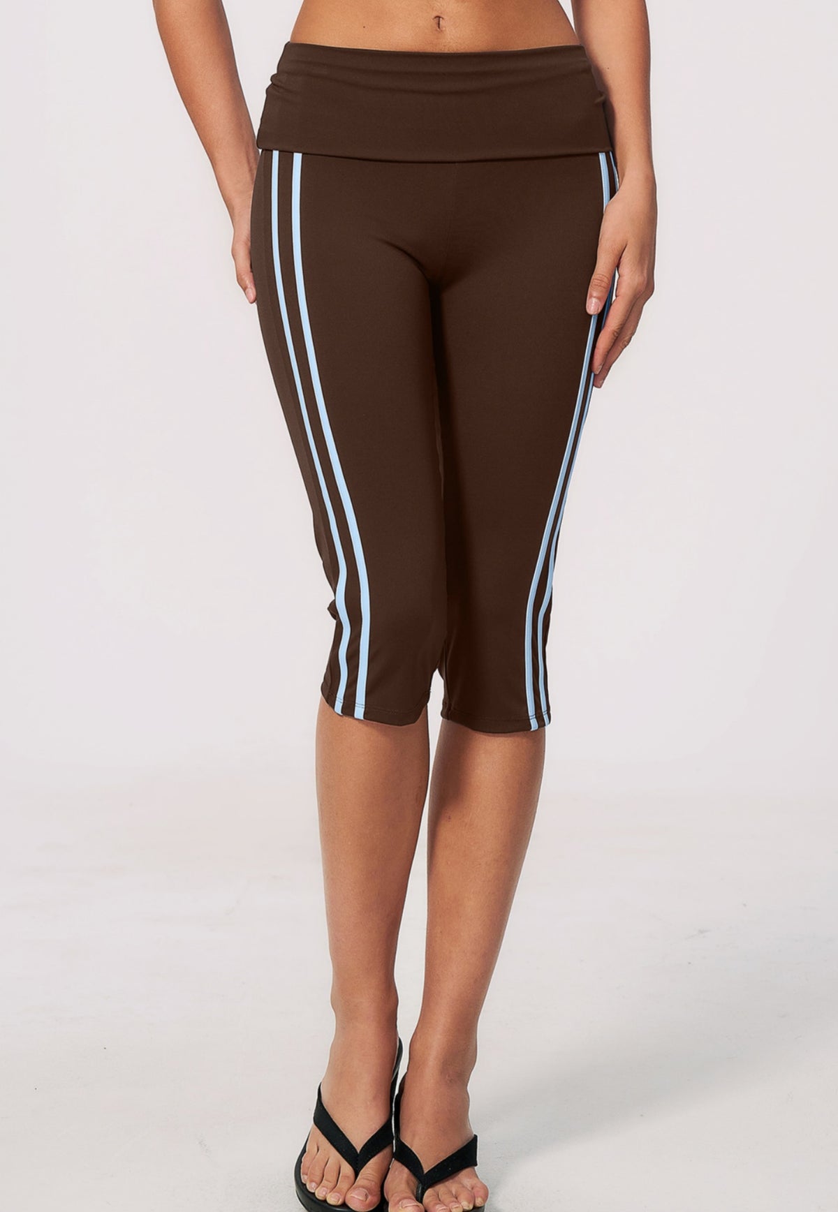 Women Fold Over Waist Contrast Side Stripe Capri Yoga Leggings