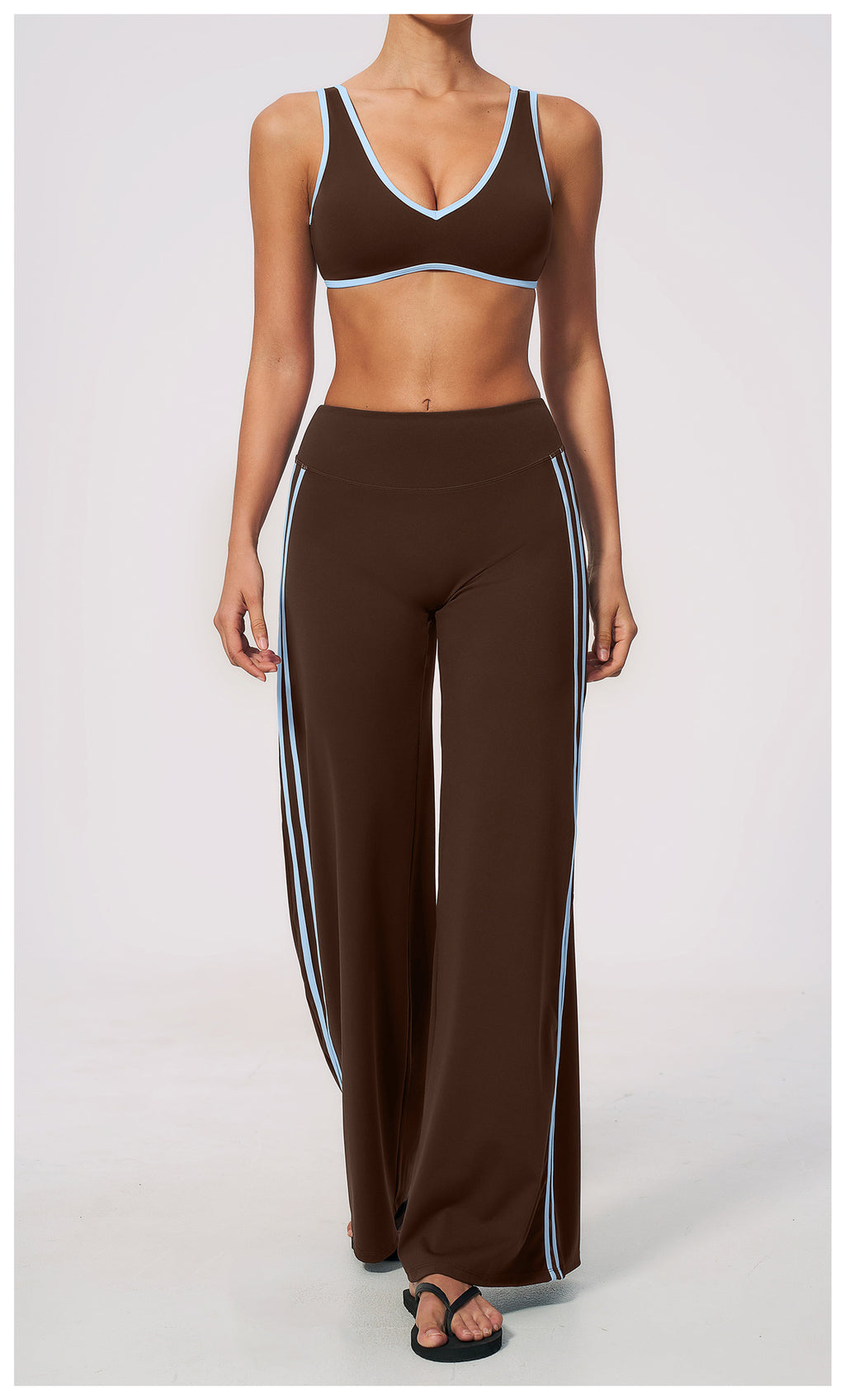 2 PCS Gym Set Women Contrast Color V Neck Backless Sports Bra and Contrast Side Stripe Fitness Sports Wide Leg Pants