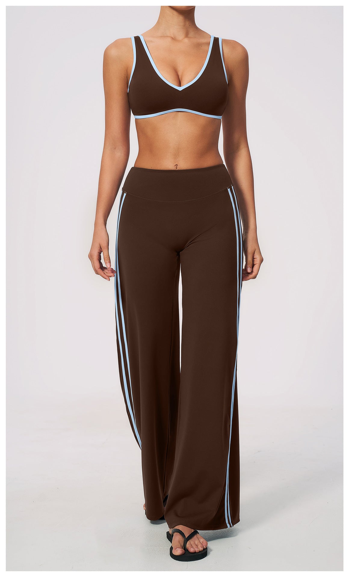 2 PCS Gym Set Women Contrast Color V Neck Backless Sports Bra and Contrast Side Stripe Fitness Sports Wide Leg Pants