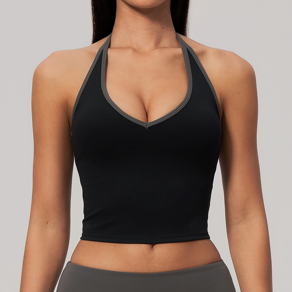 Women ColorBlock V Neck Halter Crop Yoga Tank Top Built in Bra