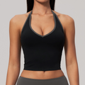 Women ColorBlock V Neck Halter Crop Yoga Tank Top Built in Bra