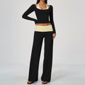 2 Piece Colorblock Double Strap Halter Long Sleeve Cropped Fitness Yoga Top and Foldover Waist High-Rise Loose Wide Leg Yoga Pants Set