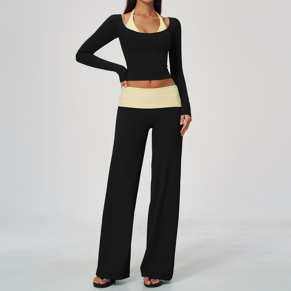 2 Piece Colorblock Double Strap Halter Long Sleeve Cropped Fitness Yoga Top and Foldover Waist High-Rise Loose Wide Leg Yoga Pants Set