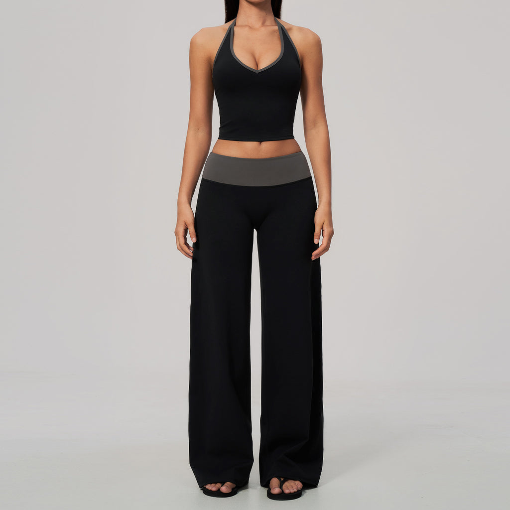 Women Two Piece Color Block Halter Yoga Set V Neck Crop Workout Top Wide Leg Yoga Pants