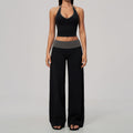 Women Two Piece Color Block Halter Yoga Set V Neck Crop Workout Top Wide Leg Yoga Pants