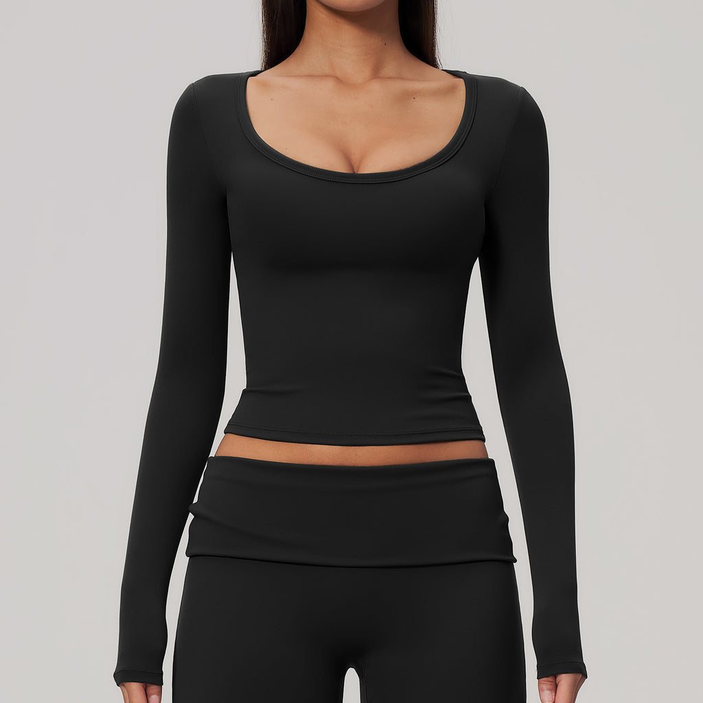 Women U Neck Long Sleeve Crop Yoga Top with Removable Padded
