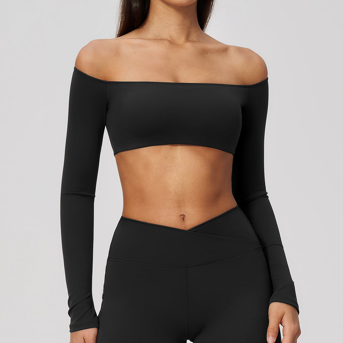 Women Off Shoulder Cropped Long Sleeve Sports Top with Chest Pads