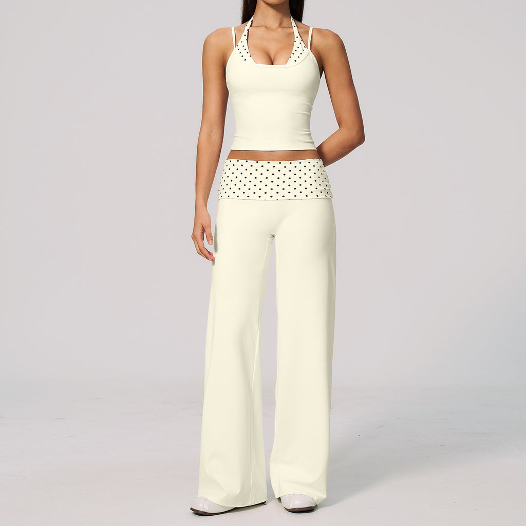 Women 2 Piece Yoga Set Halter Fake Two Piece Yoga Vest and Fold Over Striped Waist Wide Leg Workout Pants