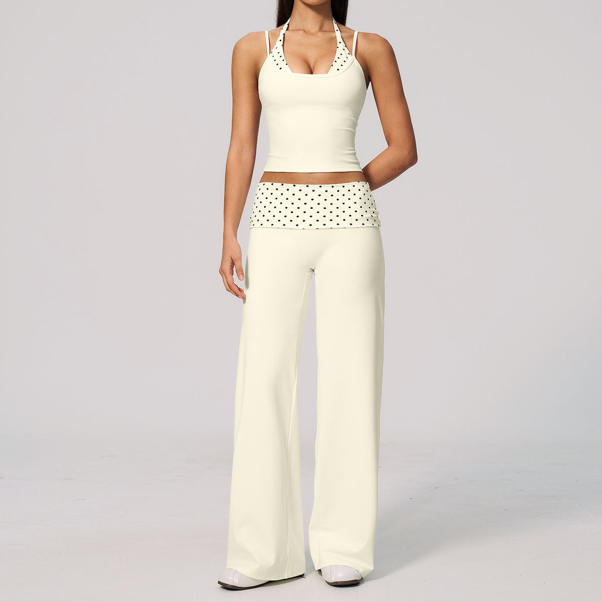 Women 2 Piece Yoga Set Halter Fake Two Piece Yoga Vest and Fold Over Striped Waist Wide Leg Workout Pants