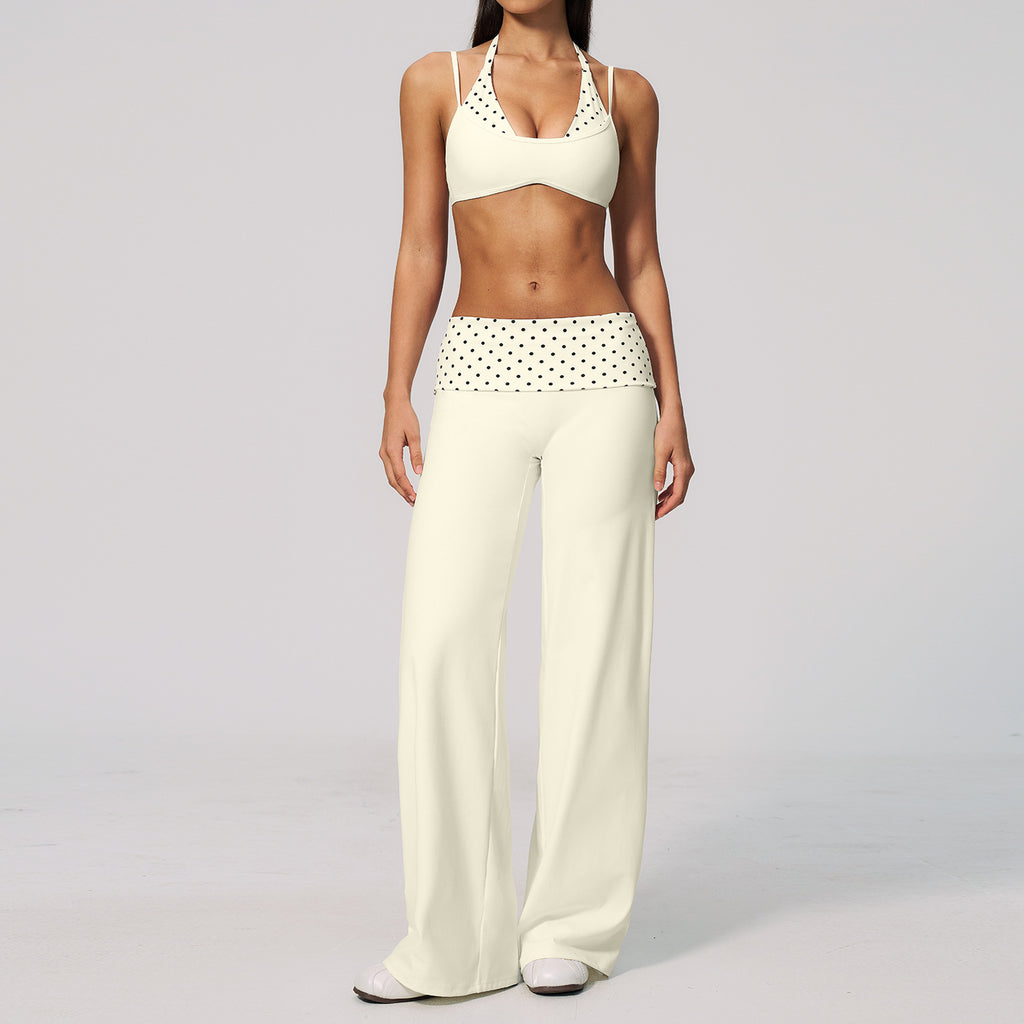 Women 2 Piece Yoga Set Halter Fake Two Piece Sports Bra and Fold Over Striped Waist Wide Leg Workout Pants