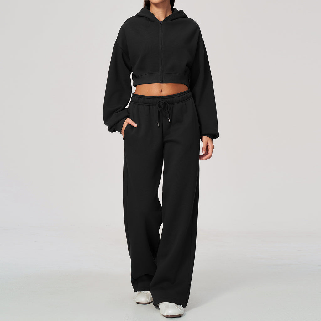 Women 2 Piece Fall Winter Tracksuits Fleece Lined Cropped Zip Up Hoodie and Drawstring Waist Wide Leg Sweatpants with Side Pockets