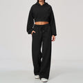 Women 2 Piece Fall Winter Tracksuits Fleece Lined Cropped Zip Up Hoodie and Drawstring Waist Wide Leg Sweatpants with Side Pockets