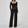 2 Piece Colorblock Double Strap Halter Long Sleeve Cropped Fitness Yoga Top and High Waisted Loose Fit Wide Leg Yoga Pants Set