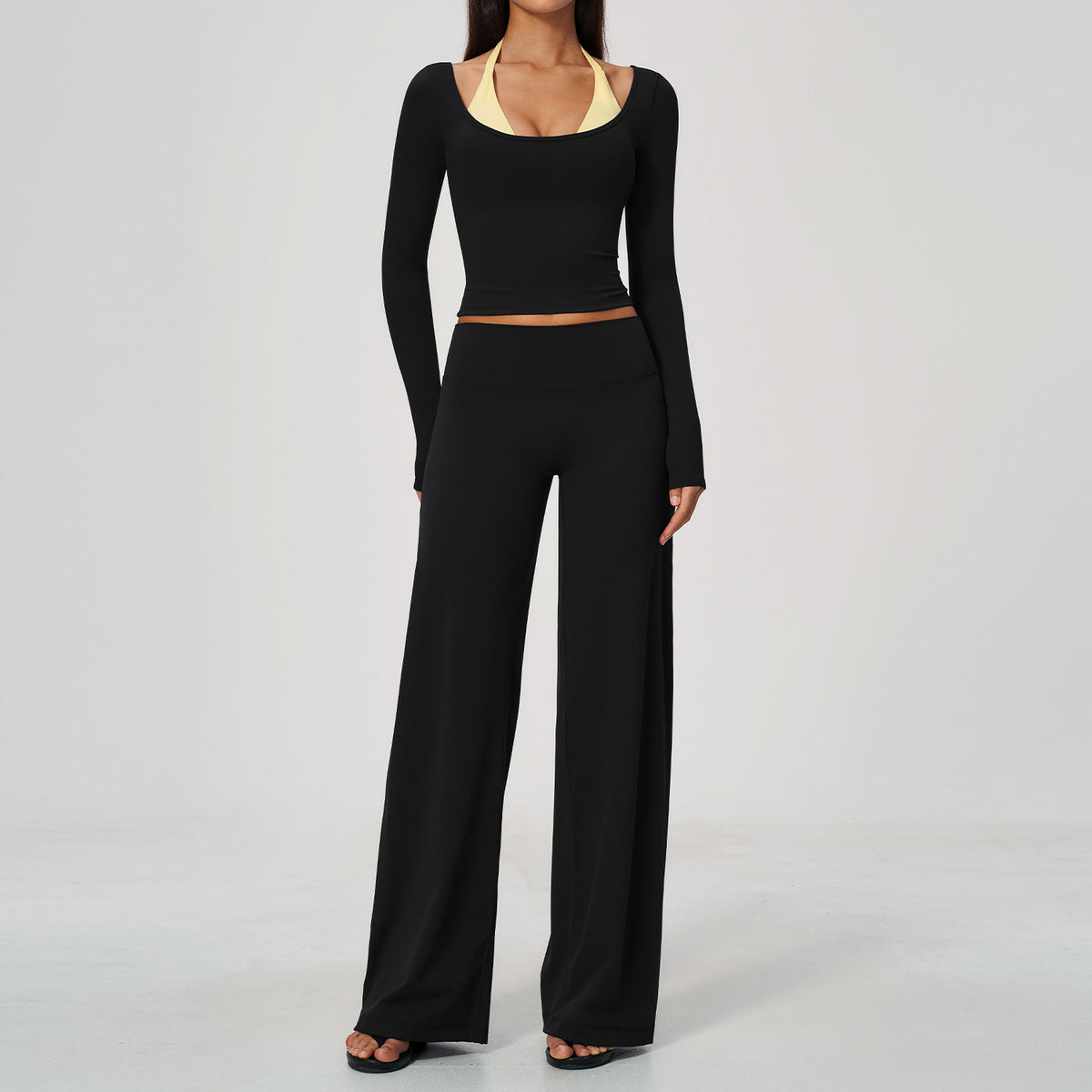 2 Piece Colorblock Double Strap Halter Long Sleeve Cropped Fitness Yoga Top and High Waisted Loose Fit Wide Leg Yoga Pants Set