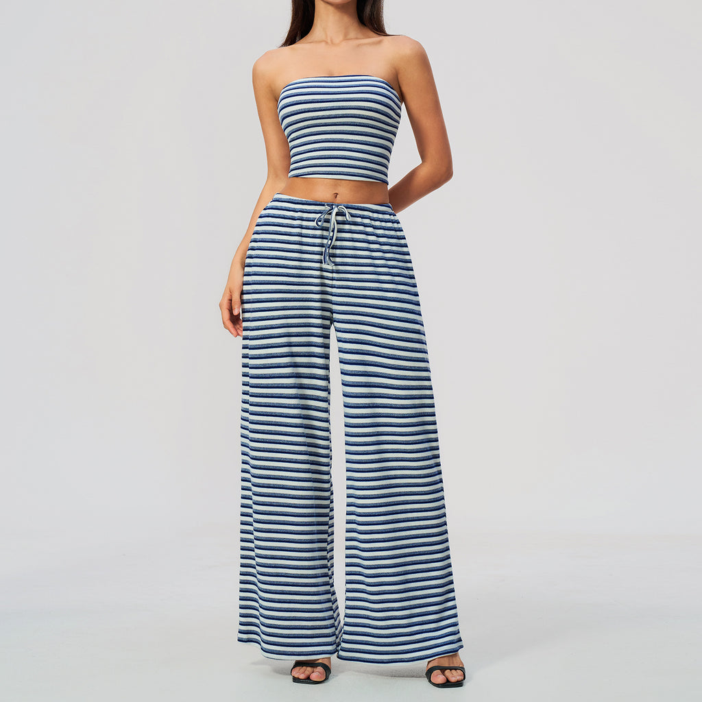 2 Piece Workout Loungewear Set Women Ribbed Striped Strapless Soft Tube Top and Elastic Drawstring Waist Wide Leg Pants with Pocket
