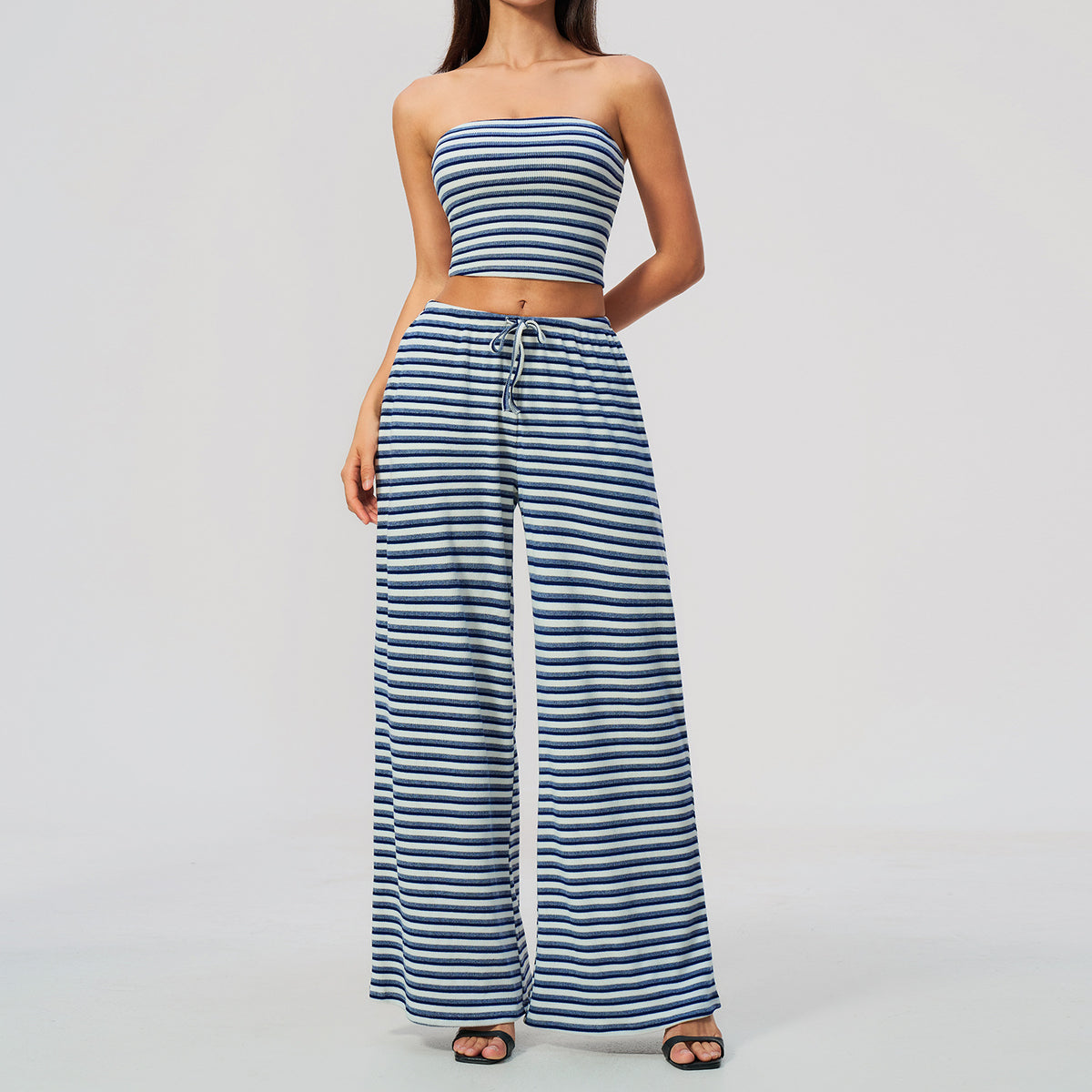 2 Piece Workout Loungewear Set Women Ribbed Striped Strapless Soft Tube Top and Elastic Drawstring Waist Wide Leg Pants with Pocket