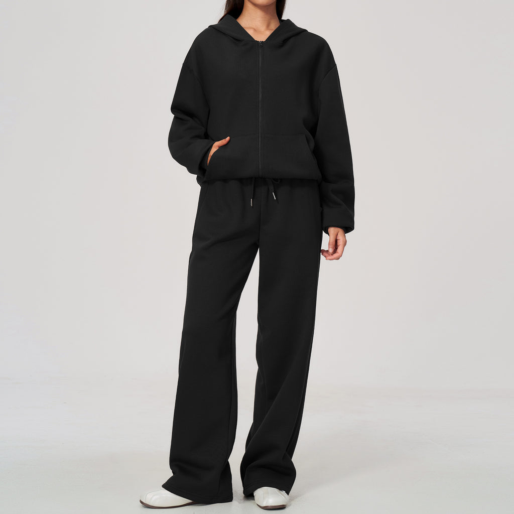 Women 2 Piece Fall Winter Tracksuits Fleece Lined Full Zip Oversized Hooded Jacket and Drawstring Waist Wide Leg Sweatpants with Side Pockets