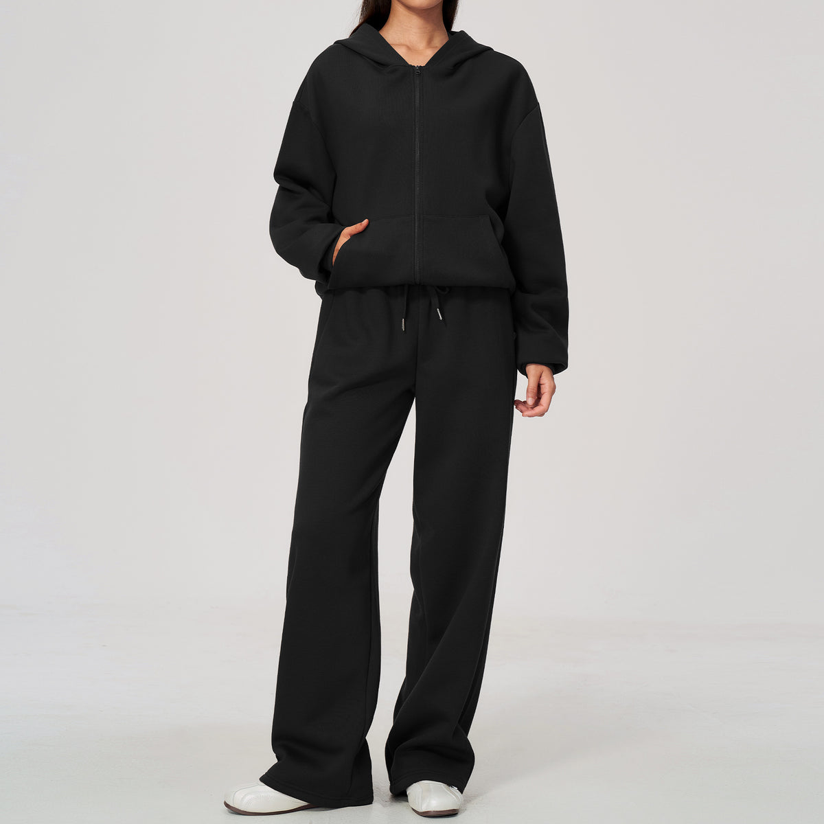 Women 2 Piece Fall Winter Tracksuits Fleece Lined Full Zip Oversized Hooded Jacket and Drawstring Waist Wide Leg Sweatpants with Side Pockets