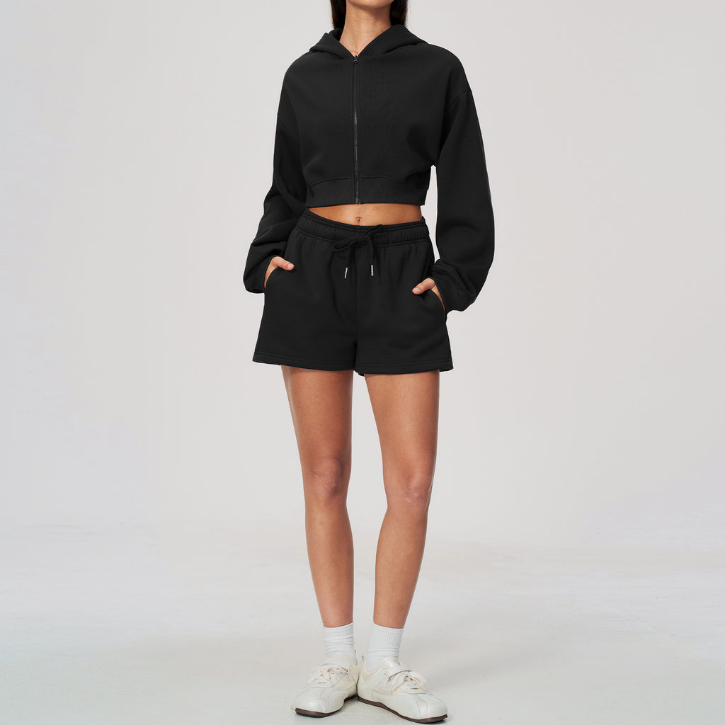 Women 2 Piece Fall Winter Tracksuits Fleece Lined Cropped Zip Up Hoodie and Drawstring Waist Loose Sweat Shorts with Side Pockets