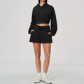 Women 2 Piece Fall Winter Tracksuits Fleece Lined Cropped Zip Up Hoodie and Drawstring Waist Loose Sweat Shorts with Side Pockets
