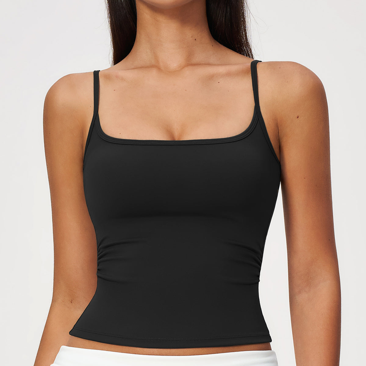 Women Square Neck Adjustable Strap Ruched Slim Fit Workout Yoga Vest with Chest Pad
