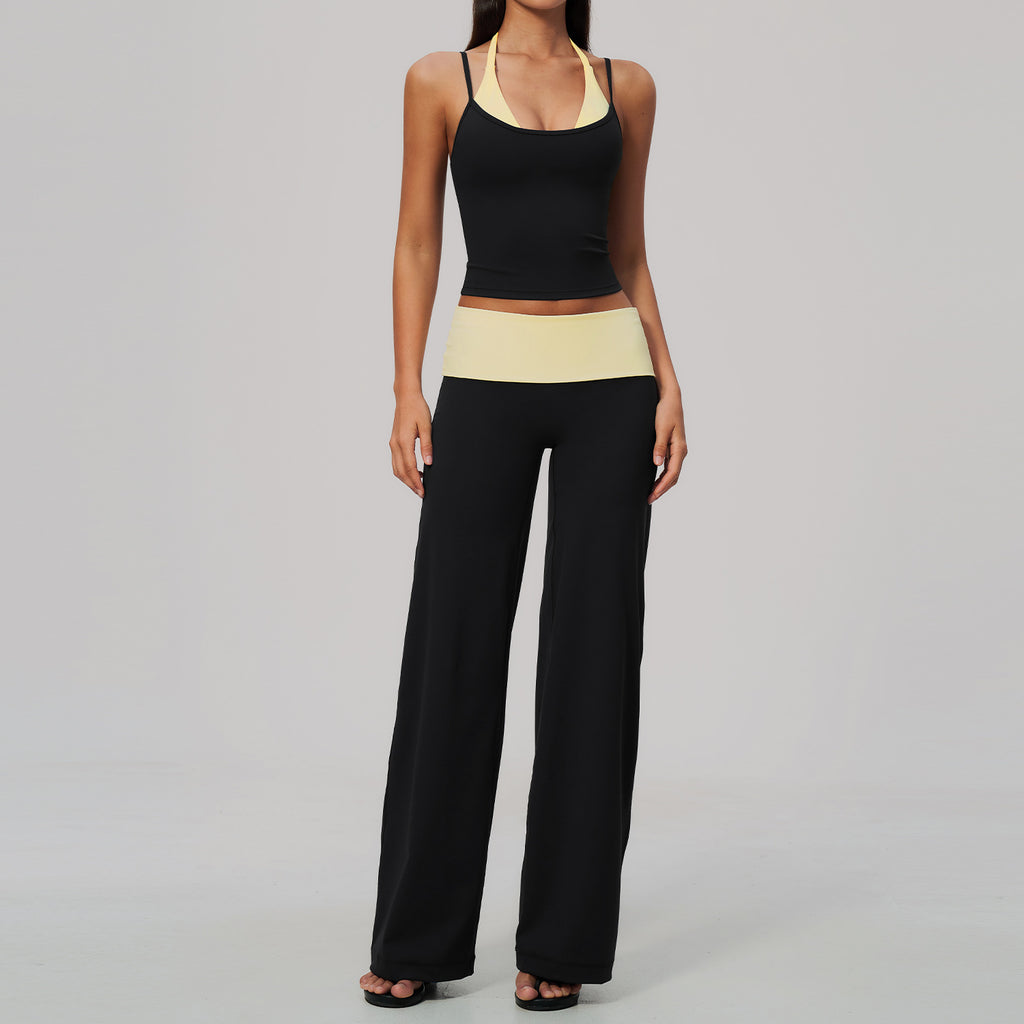 2 Piece Colorblock Double Strap Halter Yoga Vest and Foldover Waist High-Rise Loose Wide Leg Yoga Pants Set